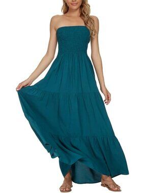 Women's Teal Summer Stylish Tube Top Off Shoulder Boho Beach Long Maxi Dress